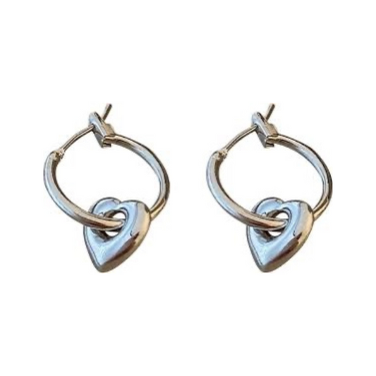 Two-Way Heart Charm Huggie Hoop Silver Earrings