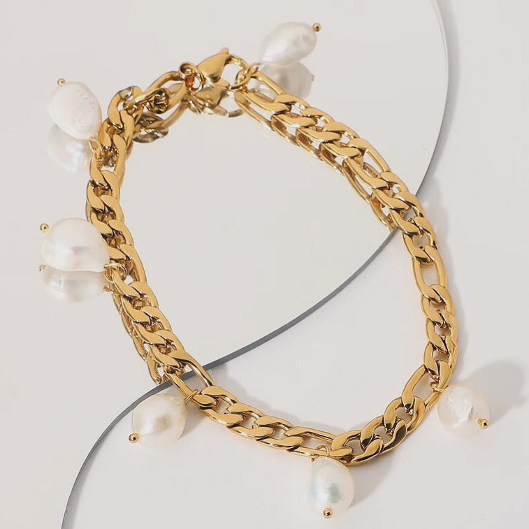 Pearl Drop Chain Gold Bracelet