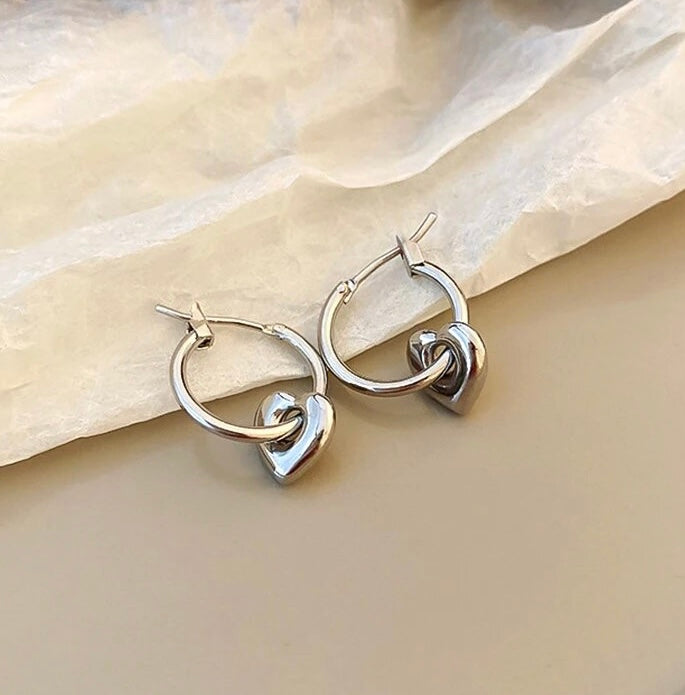 Two-Way Heart Charm Huggie Hoop Silver Earrings