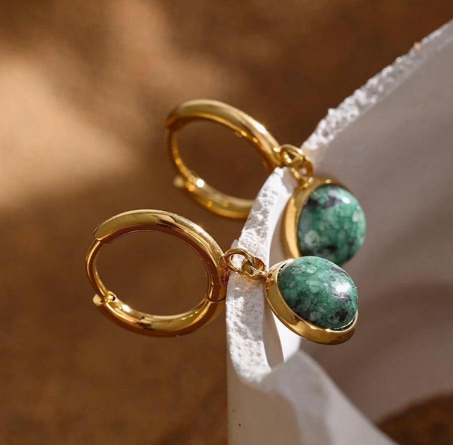 African Turquoise Gold Huggie Hoop Earrings