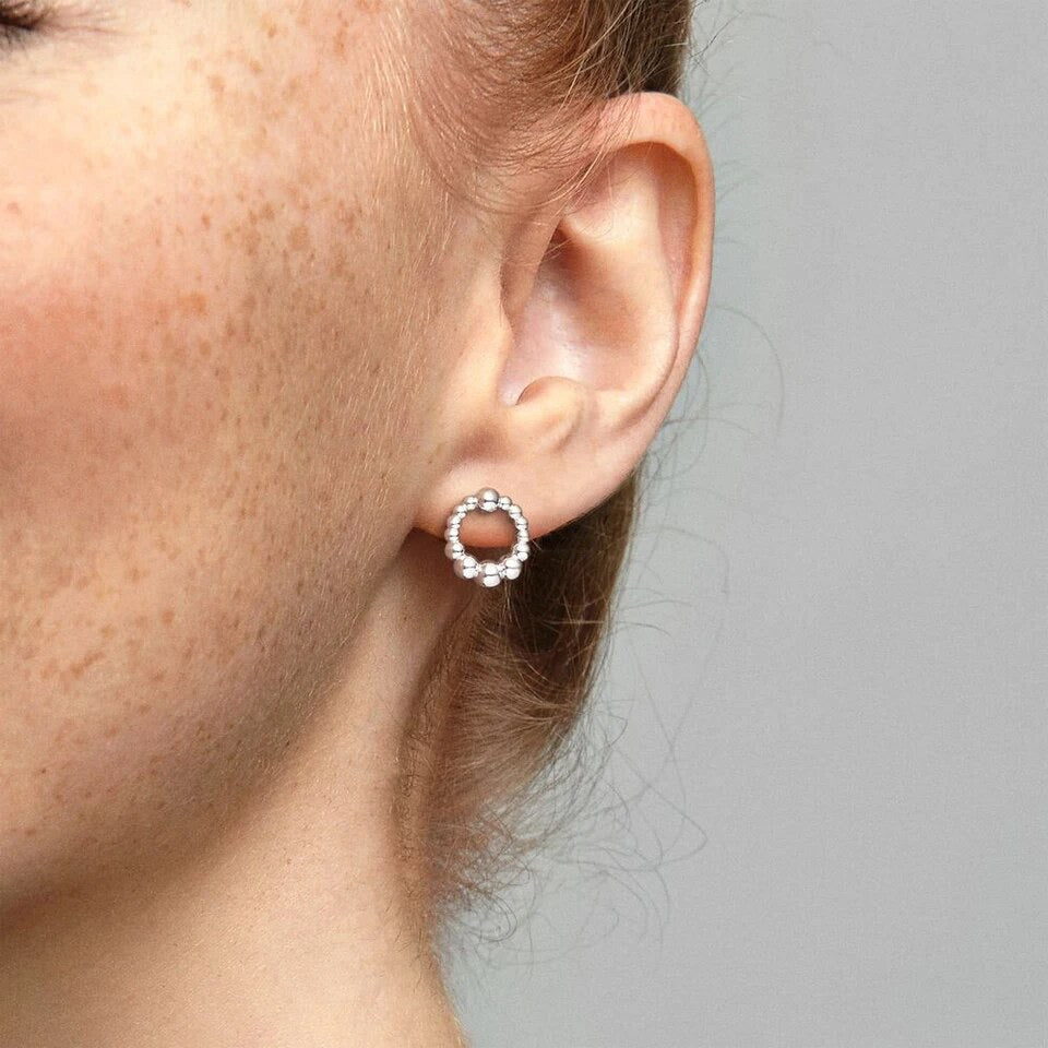 Open Circle Beaded Silver Stud Earrings