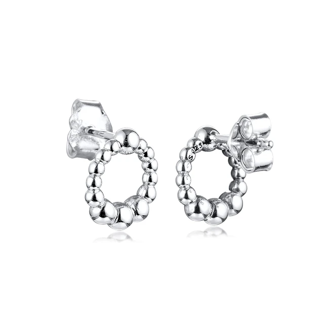 Open Circle Beaded Silver Stud Earrings